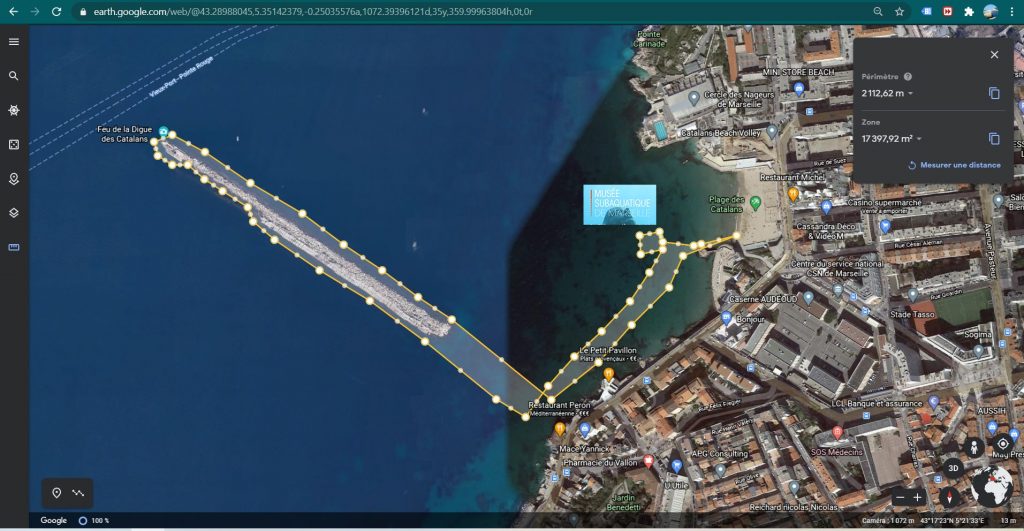 Le parcours depuis la plage jusqu'à la digue des Catalans