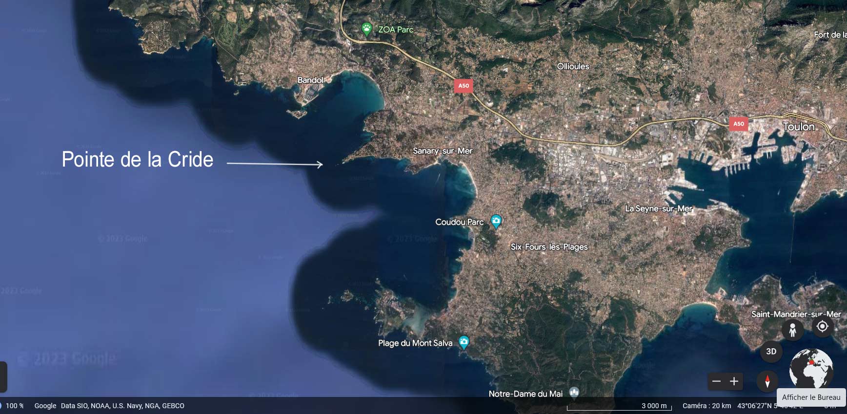 Carte de l'emplacement de la Cride, avec Bandol, Sanary et Toulon